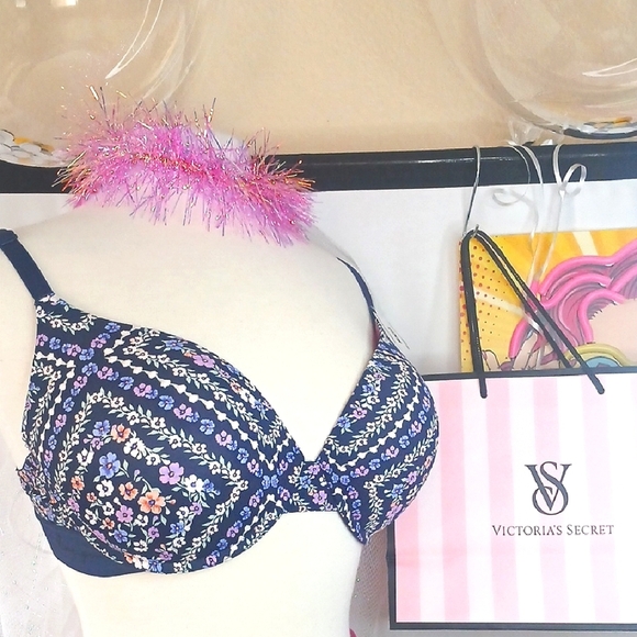 FIRM $$%" Nwt Victoria's Secret Love Pink 36 DD Blue Geometric Push-Up Bra - Picture 1 of 10